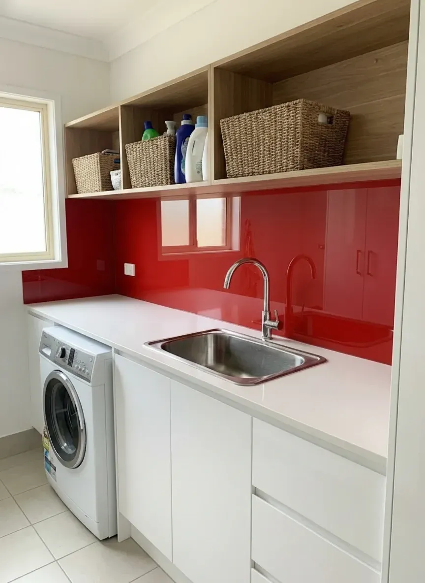 laundry glass splashback behind sink in Brisbane home utility room