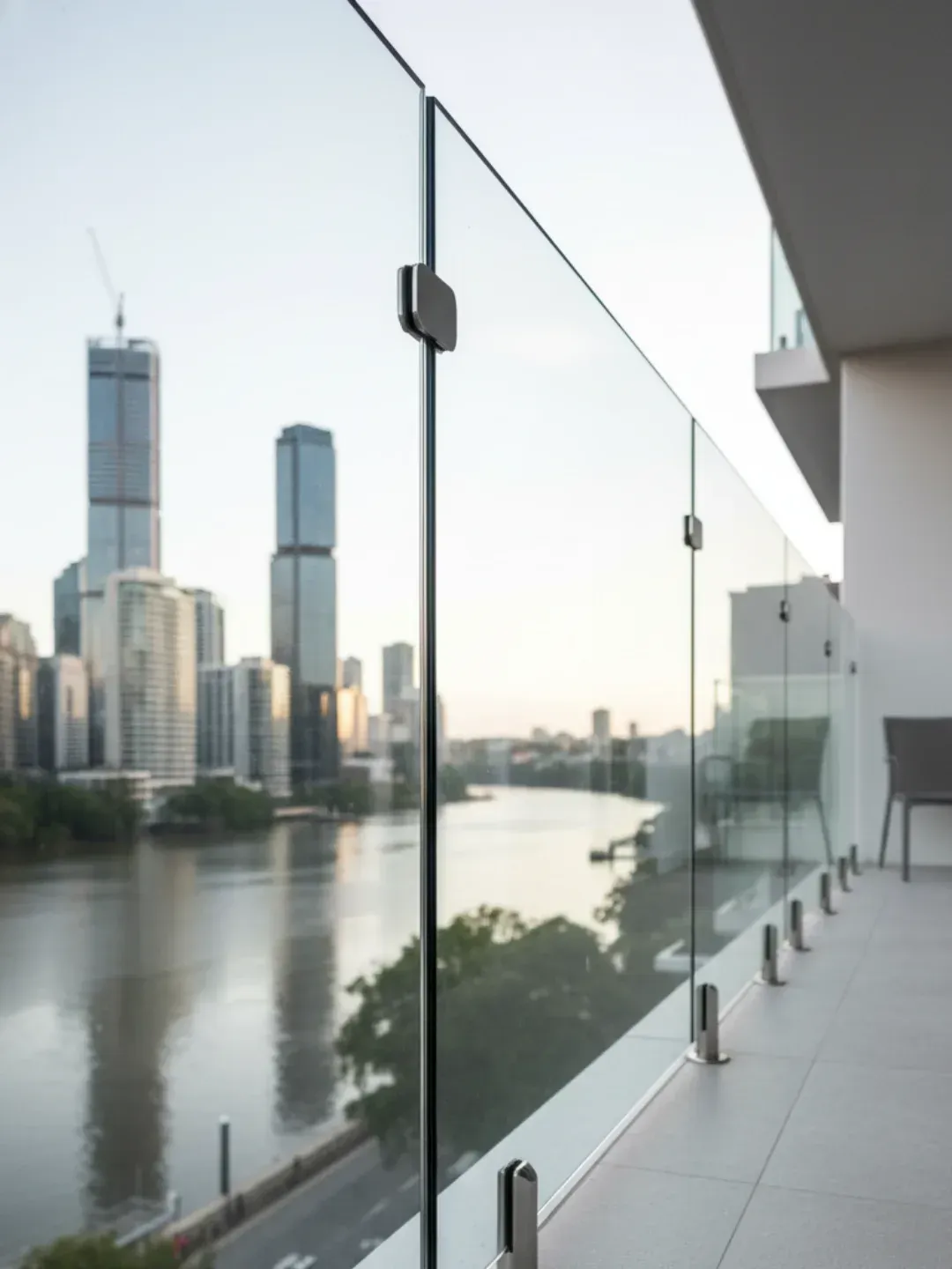 Frameless glass balustrades Teneriffe with toughened safety glass and stainless spigots for uninterrupted views.