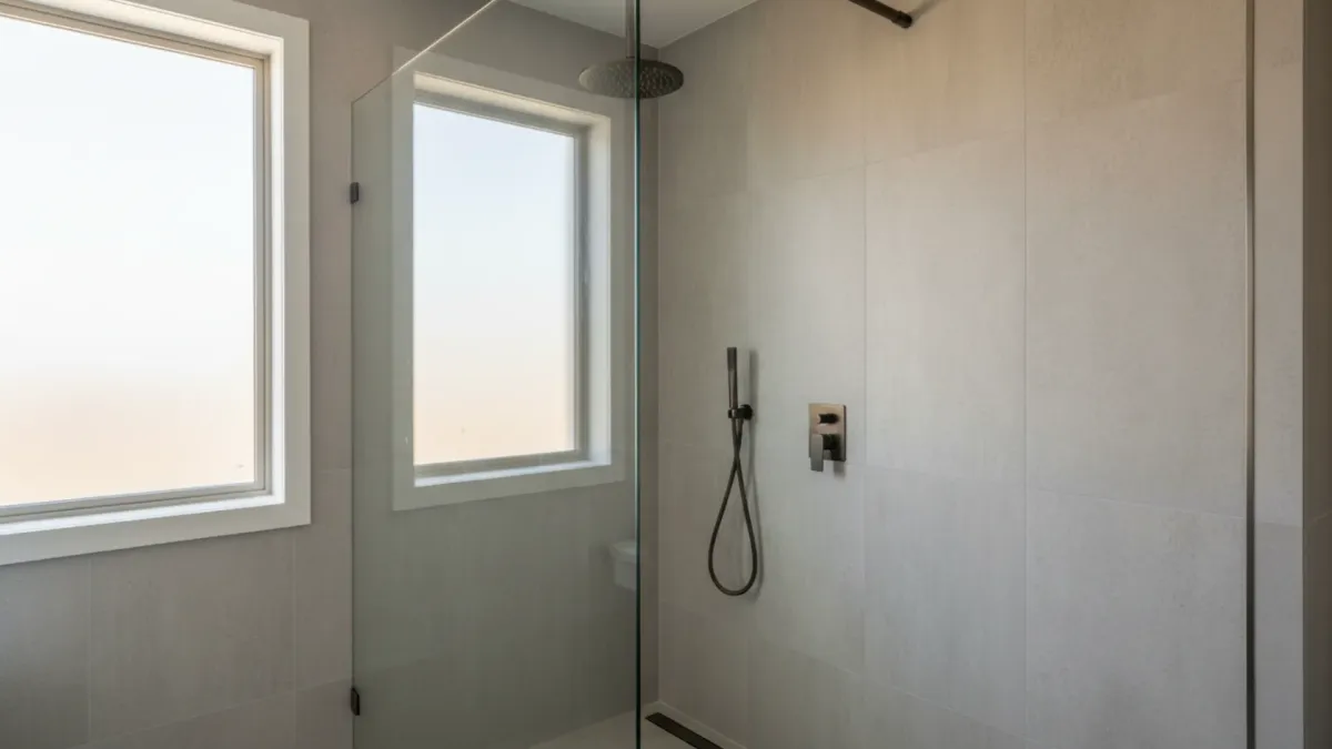 Custom shower screen panels cut to size Teneriffe including frameless toughened glass fitted to out-of-square bathroom walls.