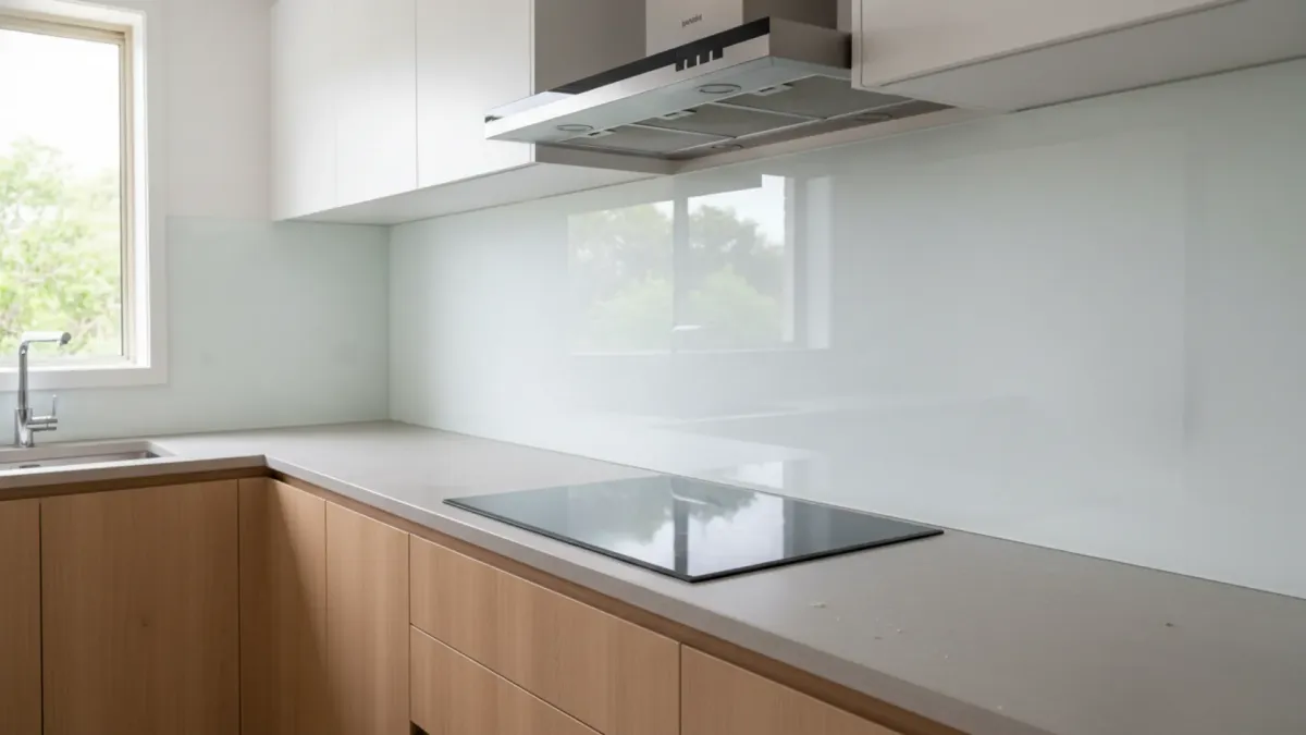 Kitchen glass splashbacks Teneriffe cut to size with precise cutouts for power points and heat-resistant toughened glass.